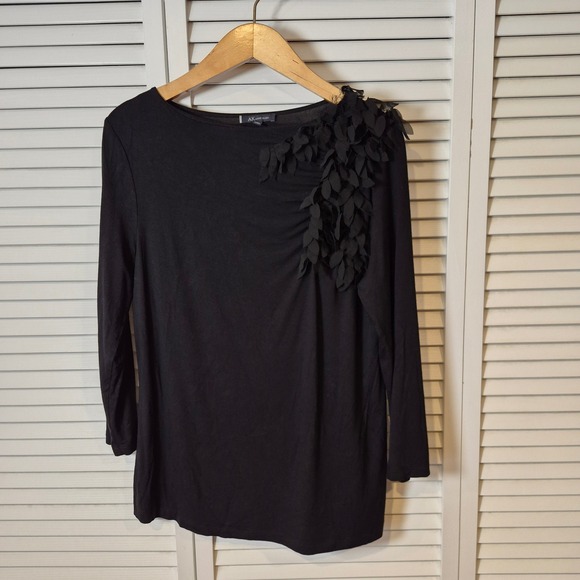 Anne Klein Black Leaf Applique Long Sleeve Top Blouse Womens L Boat Neck Classic - Picture 9 of 10